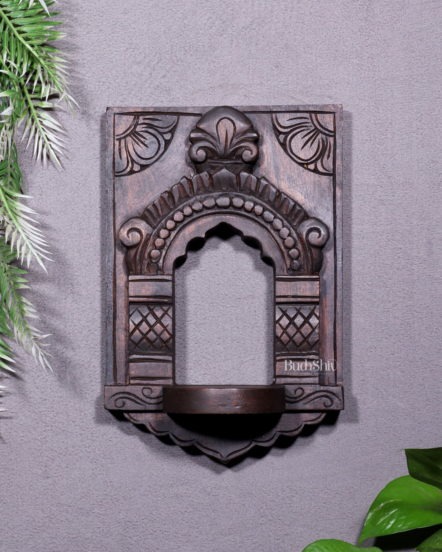 Wooden Wall Hanging Jharokha Arch – Handcrafted Decorative Shelf (Natural tone) - Sama Homes Idol - Brass Sculpture
