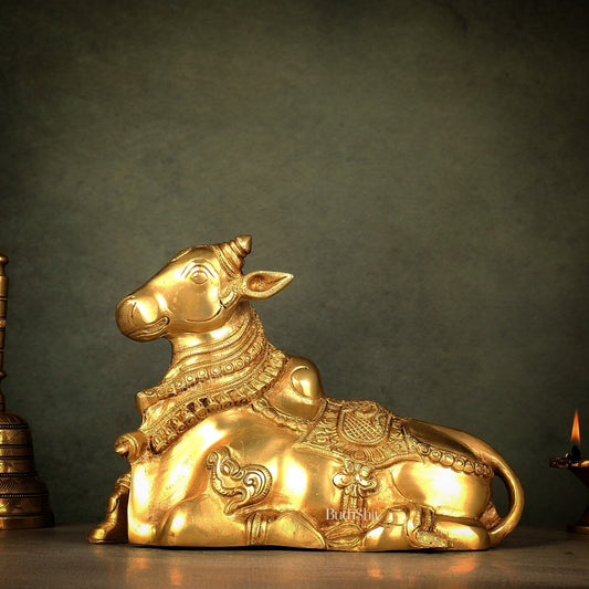 Beautiful Brass Nandi Statue with Intricate Carvings | 100% Certified Copper & Brass - Sama Homes Idol - Brass Sculpture