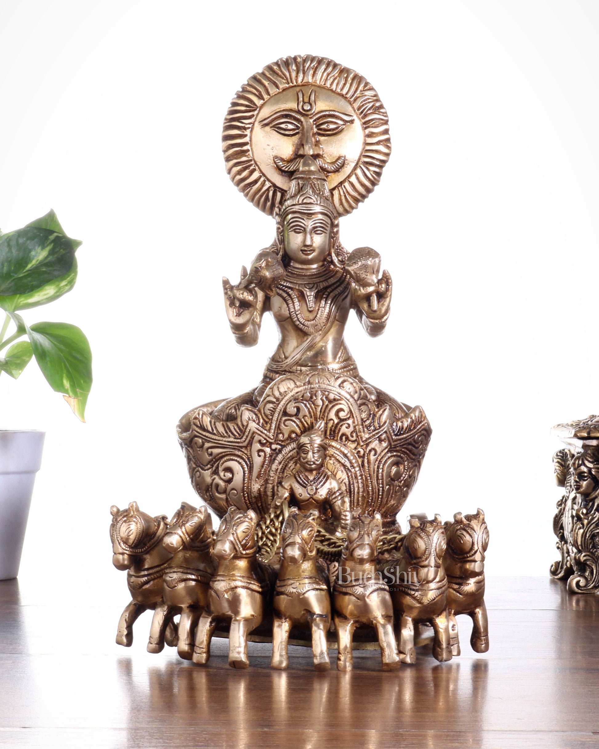 Brass Surya Rath Chariot - 12" Height, 7 Horses - Eco-friendly - Sama Homes
