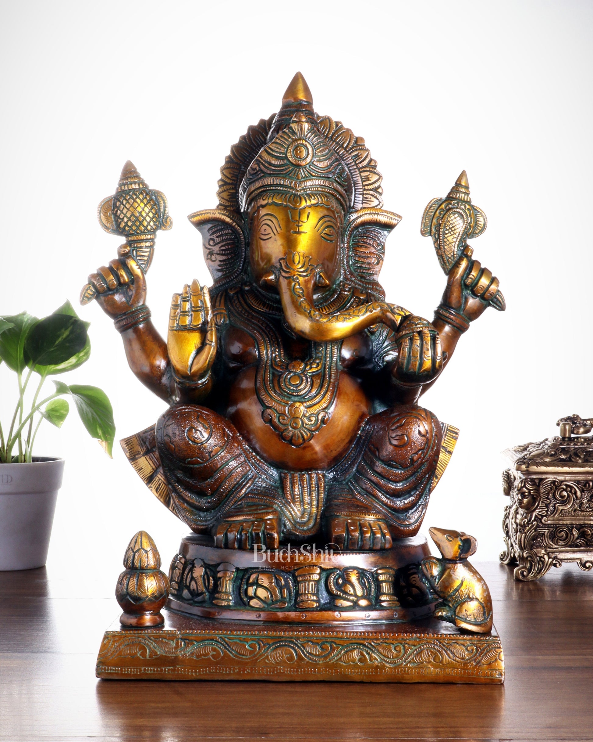 Brass Ganesha Statue with Ashtavinayak Carvings – 15 Inch chola tone | 100% Certified Copper & Brass - Sama Homes Idol - Brass Sculpture - Eco-friendly - Sama Homes
