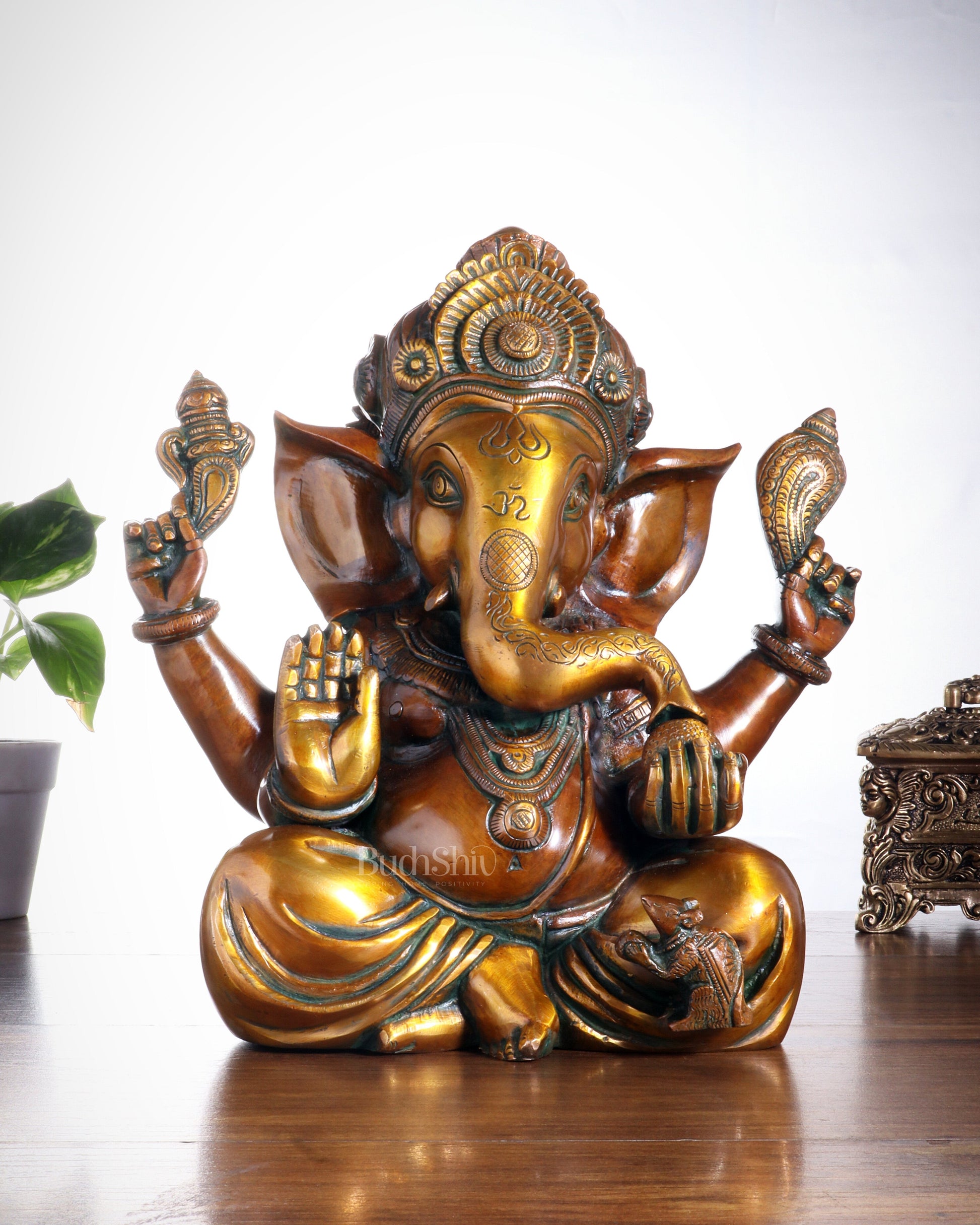 Pure Brass Taj Ganesha Statue – Sharp Features & Majestic Presence (12 Inches, 8 Kg) - Sama Homes Idol - Brass Sculpture - Eco-friendly - Sama Homes