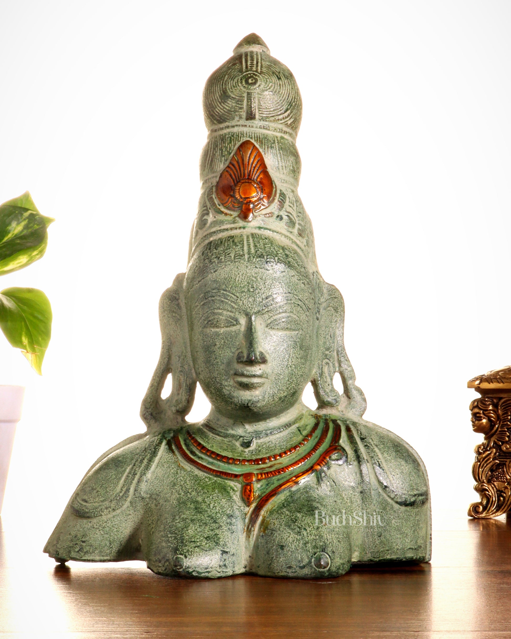 Vintage Brass Parvati Face Statue – Uma Bust in Green Sand Patina 10.5" - Sama Homes Idol - Brass Sculpture - Eco-friendly - Sama Homes