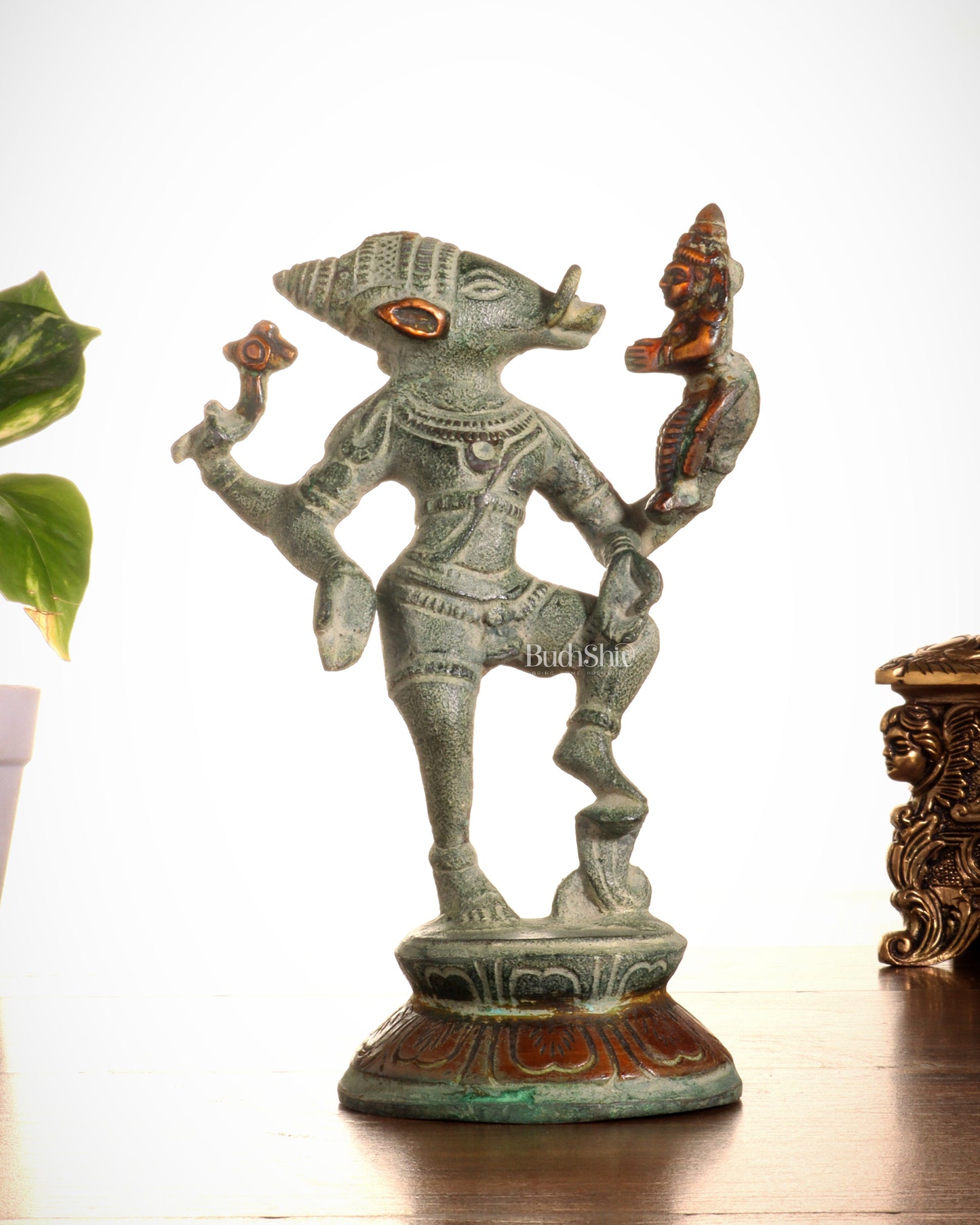 Pure Brass Lakshmi Varaha Idol – 7" vintage sand - Sama Homes Idol - Brass Sculpture