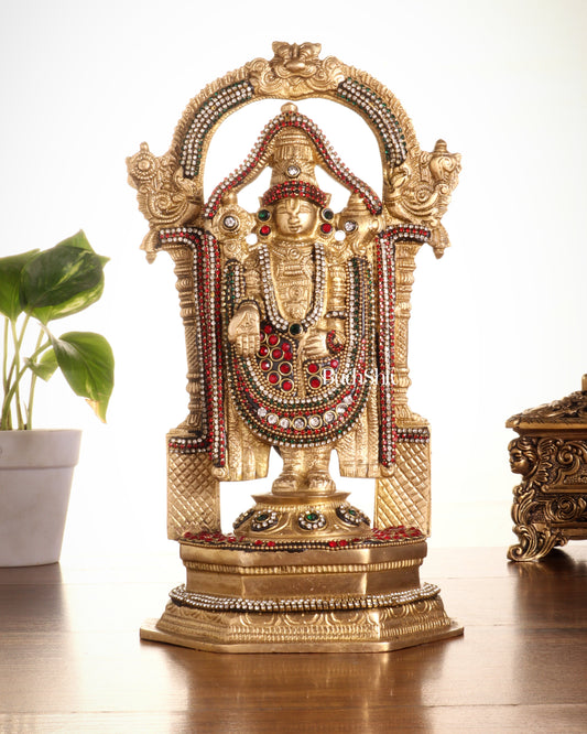 Pure Brass Lord Tirupati Balaji Statue | Height: 12 inch jewellers stonework - Sama Homes Idol - Brass Sculpture
