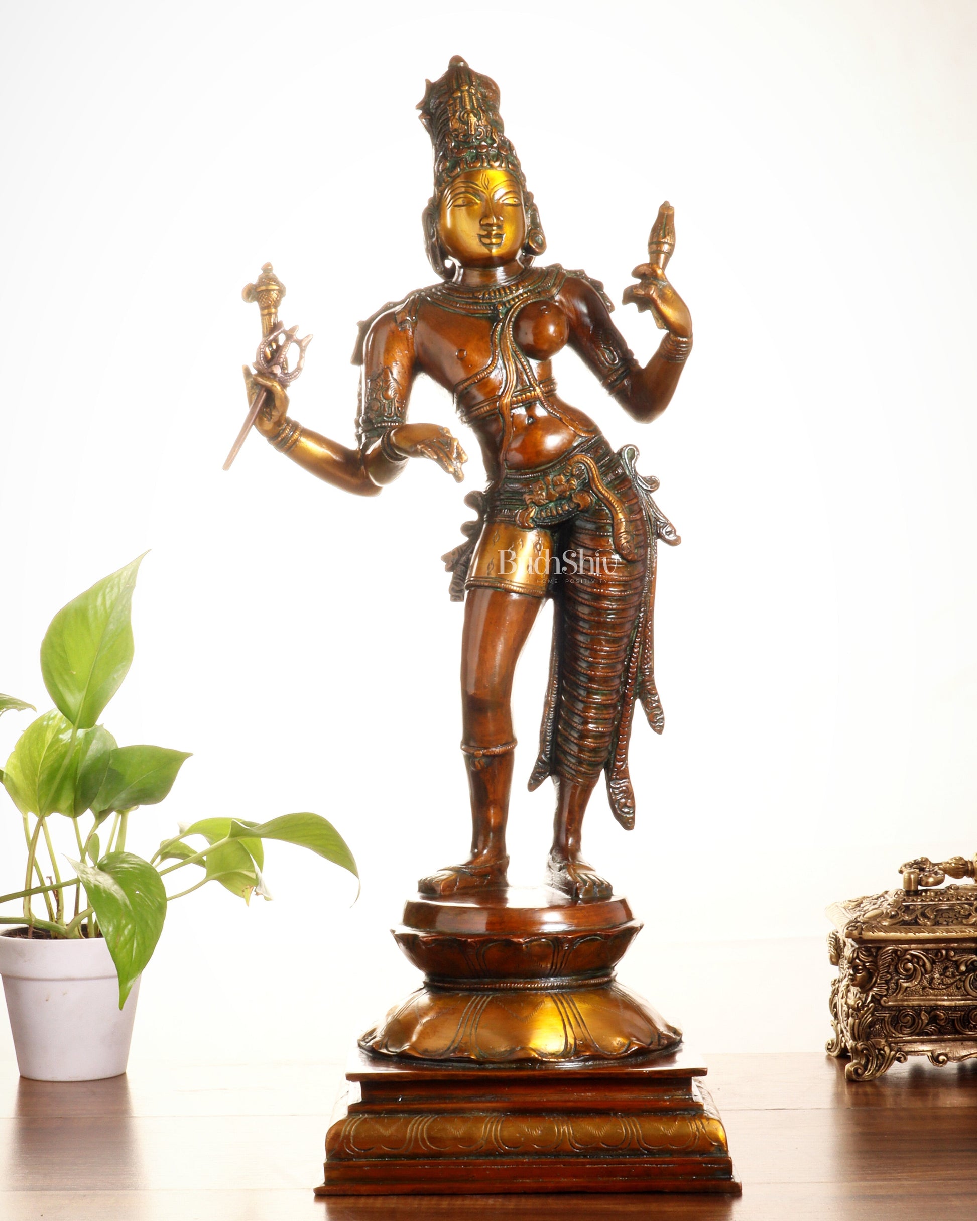 Ardhanarishwara Shiv Parvati as one Brass statue 23" chola tone | 100% Certified Copper & Brass - Sama Homes Idol - Brass Sculpture - Eco-friendly - Sama Homes