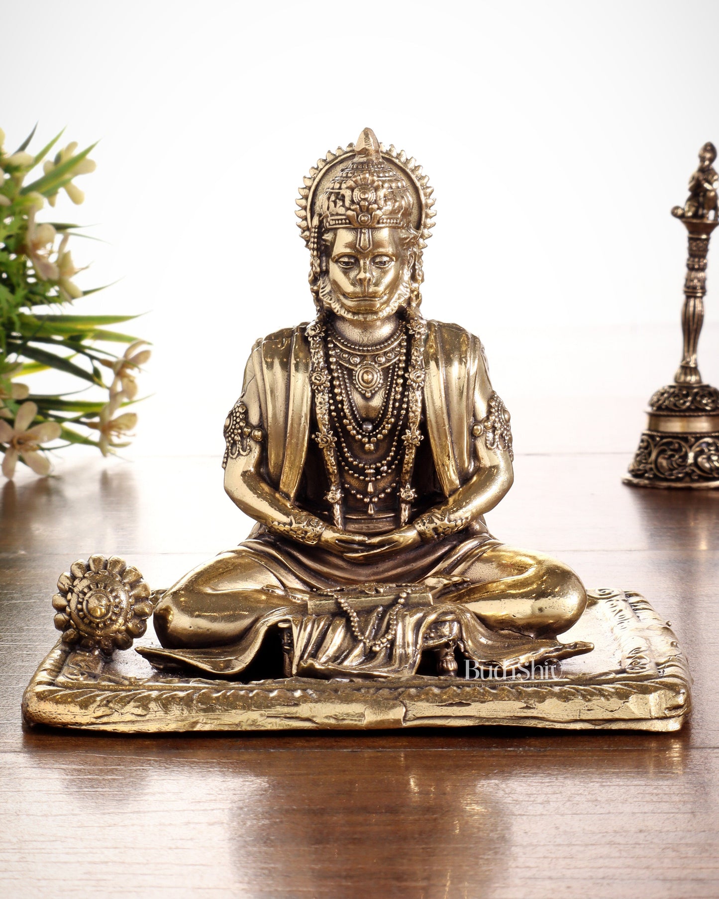 Pure Brass Superfine Meditation Hanuman Idol - Intricately Carved - 4" Tall - Sama Homes Idol - Brass Sculpture