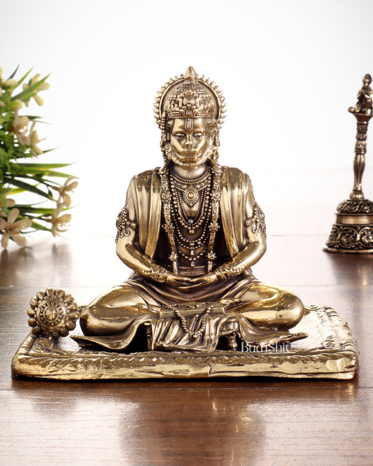 Pure Brass Superfine Meditation Hanuman Idol - Intricately Carved - 4" Tall - Sama Homes Idol - Brass Sculpture
