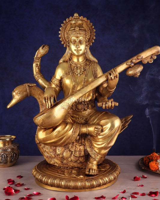 Pure Brass Large Goddess Saraswati Seated on Swan statue 24" - Sama Homes Idol - Brass Sculpture