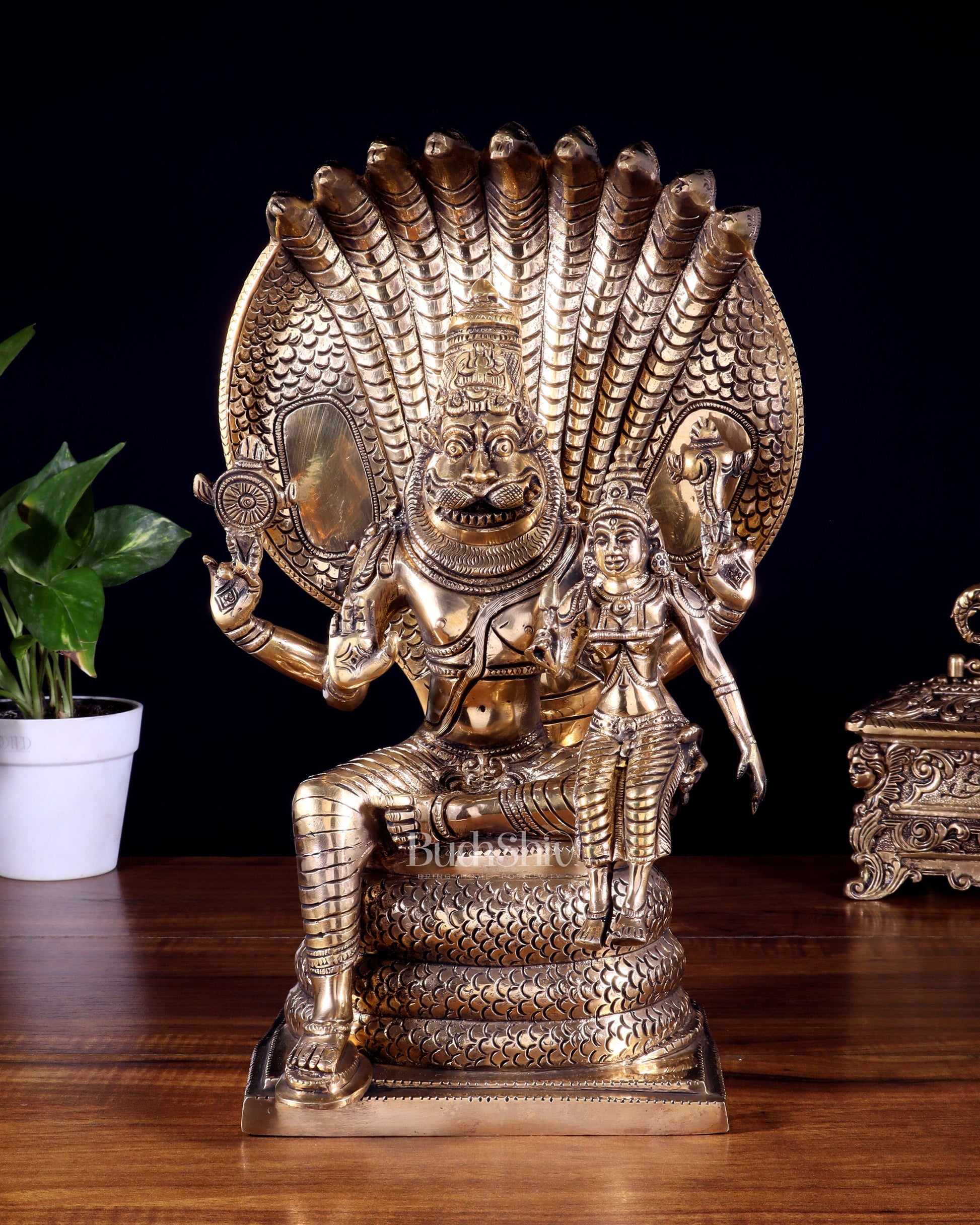 Pure Brass Lakshmi Narasimha Swamy Idol with Sheshanaag – 14 Inches - Sama Homes Idol - Brass Sculpture - Eco-friendly - Sama Homes