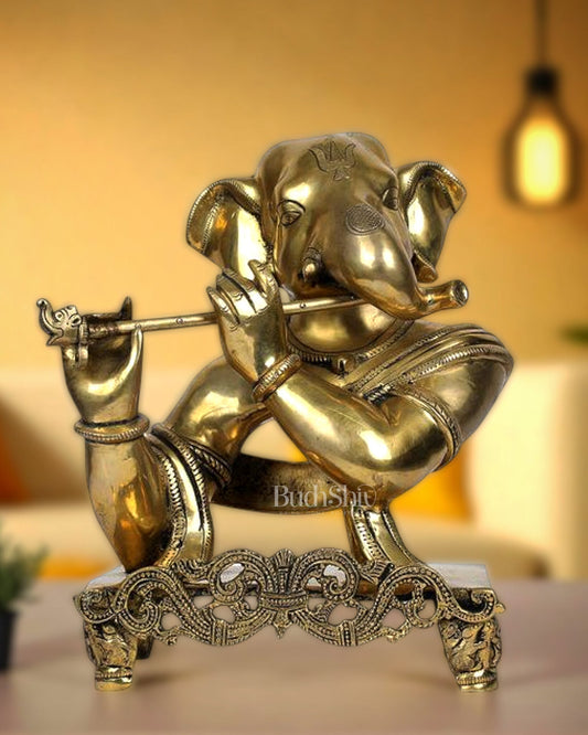 Pure Brass Modern Ganesha Playing Flute – Table Accent Sculpture (11 inch, 7.4 kg) - Sama Homes Idol - Brass Sculpture