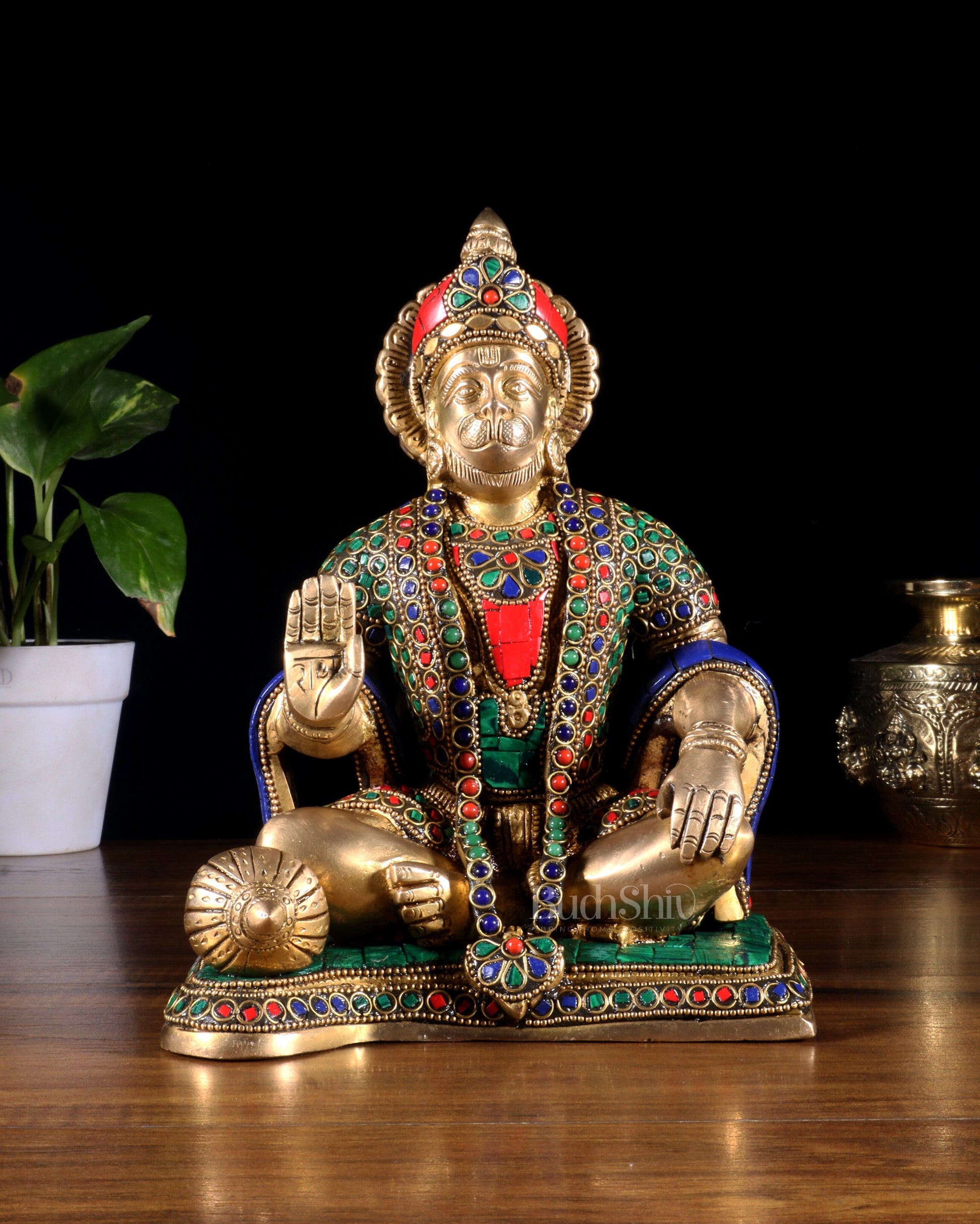 Hanuman ji Brass Idol 9.5" with stonework - Sama Homes Idol - Brass Sculpture - Eco-friendly - Sama Homes