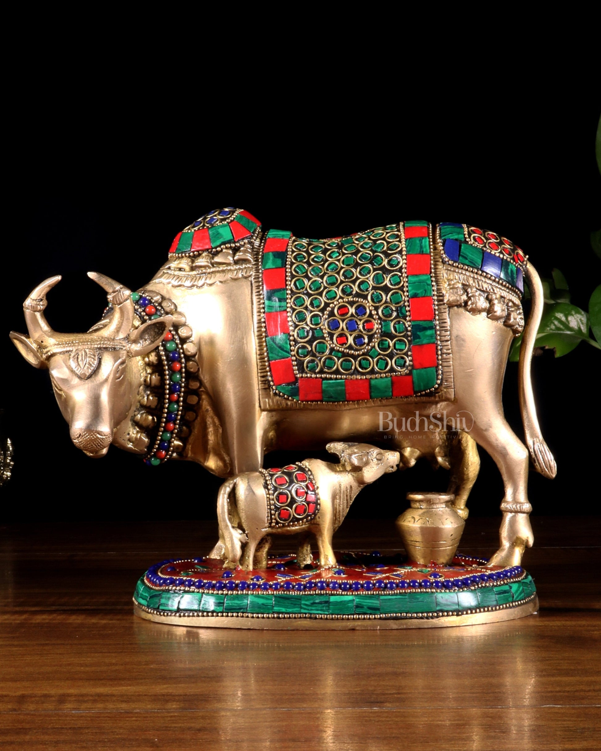 Handcrafted Brass Cow and Calf Statue with stonework  8.5" - Eco-friendly - Sama Homes