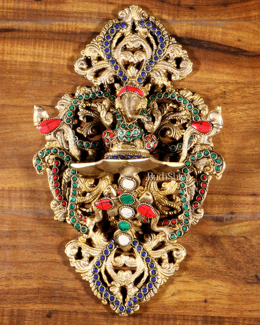 Pure Brass Wall Hanging Ganesha Diya with Stone Inlay – 13 Inches - Sama Homes Idol - Brass Sculpture
