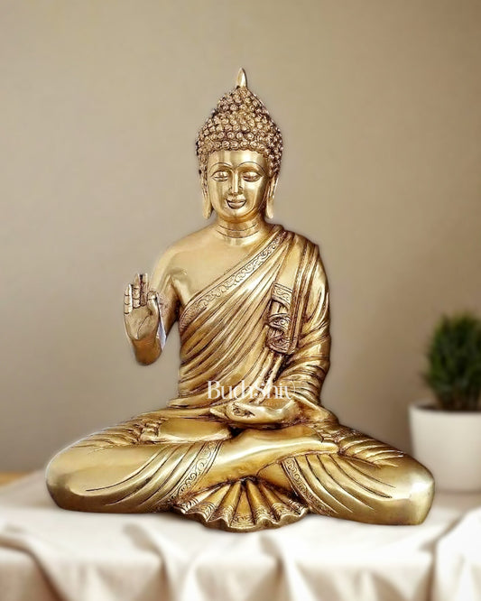 Pure Brass Buddha Statue – 15 Inch | Meditative Peace in Majestic Brass - Sama Homes Idol - Brass Sculpture