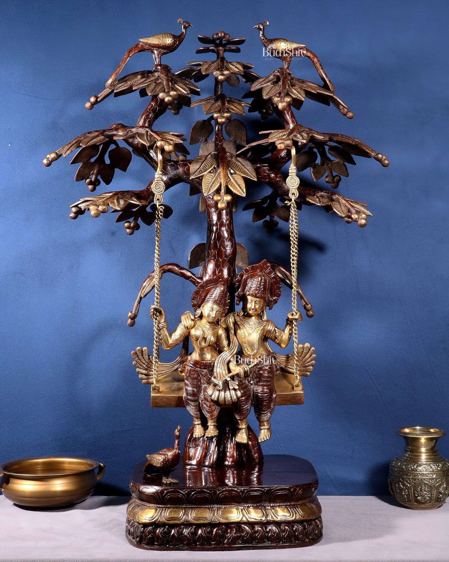 Large Brass Radha Krishna Swing with Kalpavriksha tree Brown-Gold Finish 3 feet - Sama Homes Idol - Brass Sculpture