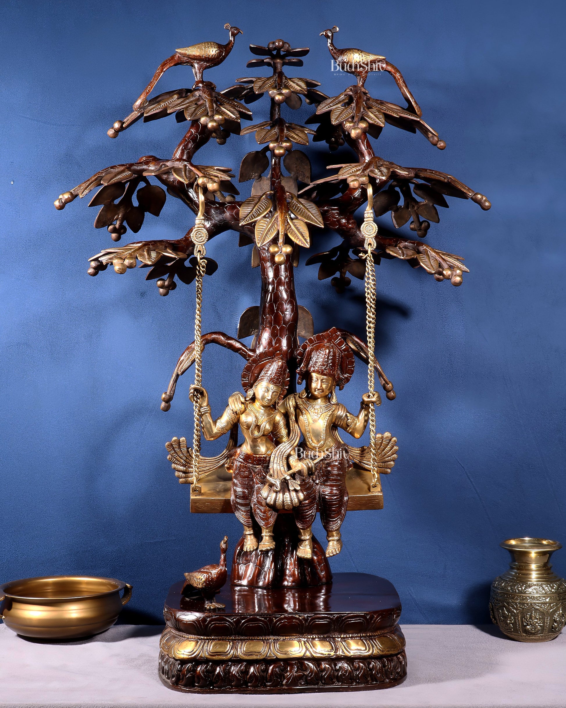 Large Brass Radha Krishna Swing with Kalpavriksha tree Brown-Gold Finish 3 feet - Sama Homes Idol - Brass Sculpture - Eco-friendly - Sama Homes