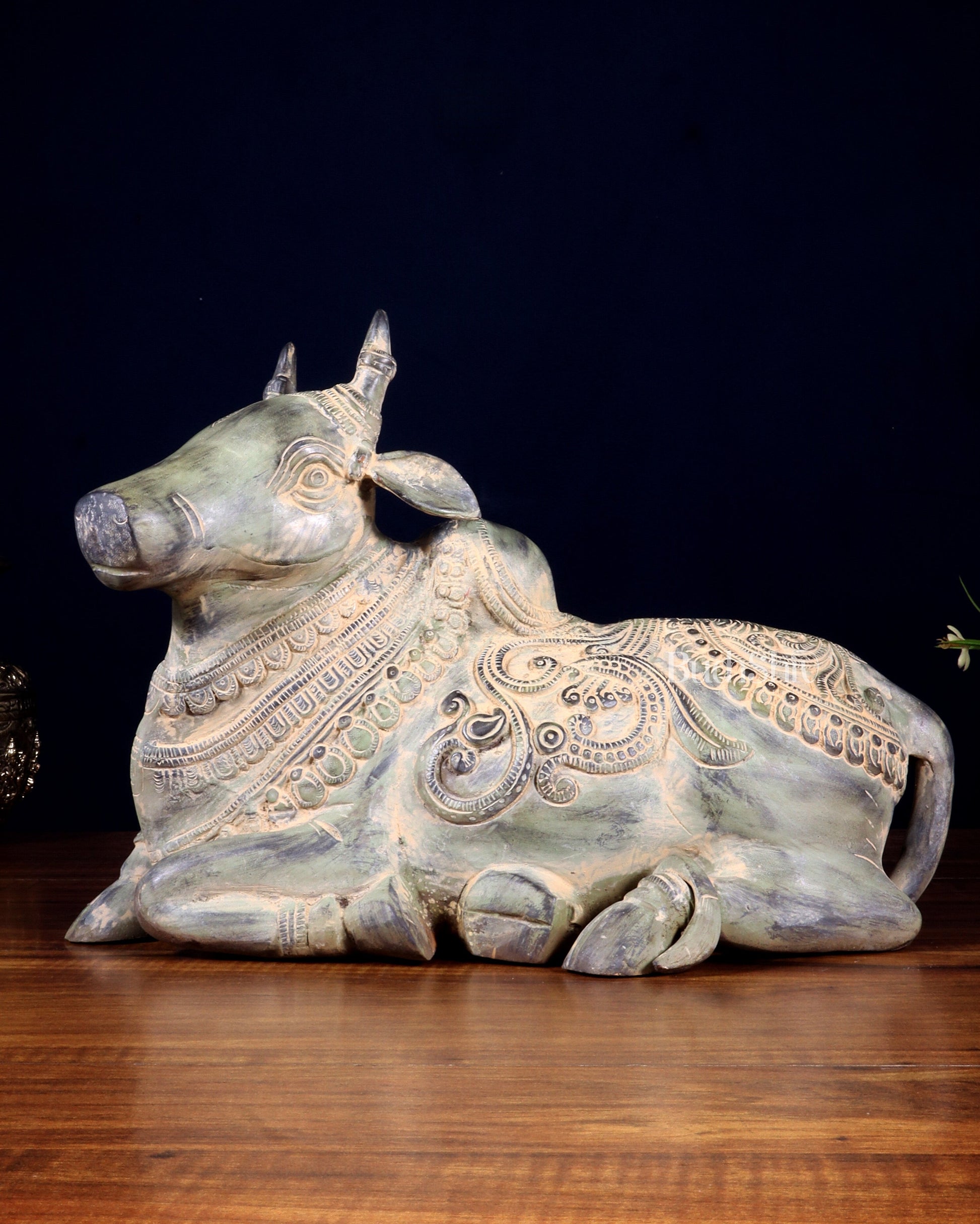 Vintage Pure Brass Nandi Statue – Sand Patina Finish | 13 inch - Sama Homes Idol - Brass Sculpture - Eco-friendly - Sama Homes