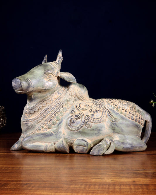 Vintage Pure Brass Nandi Statue – Sand Patina Finish | 13 inch - Sama Homes Idol - Brass Sculpture