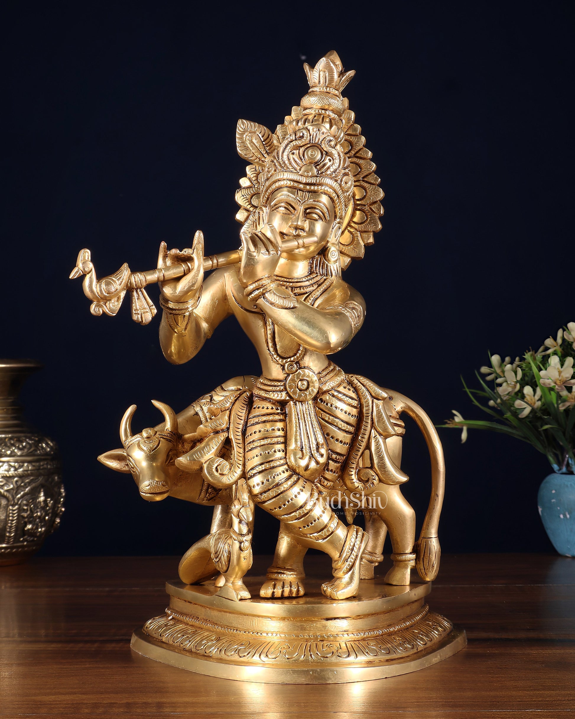 Pure Brass Lord Krishna with Cow Statue – 11 Inch - Sama Homes Idol - Brass Sculpture - Eco-friendly - Sama Homes