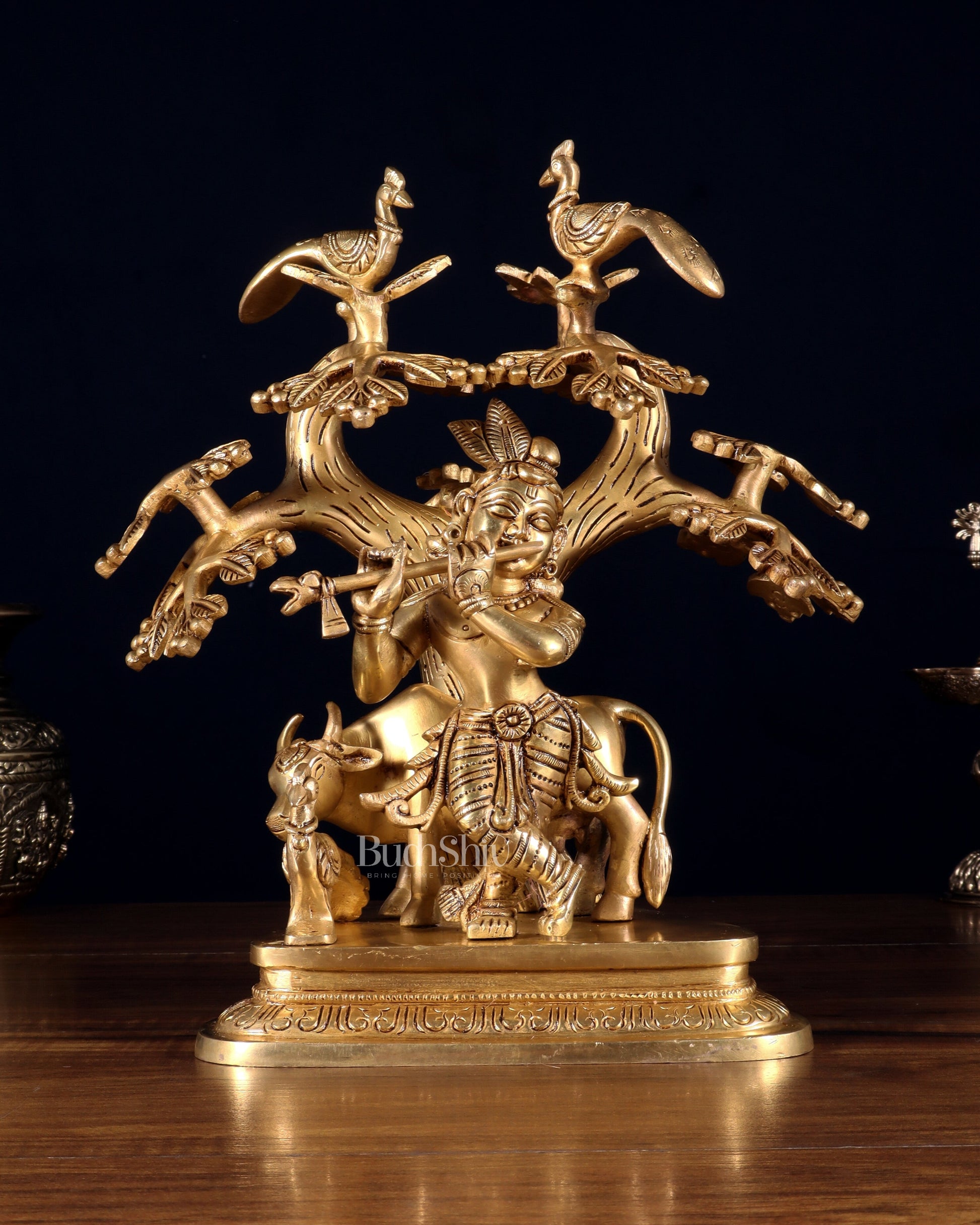 Pure Brass Superfine Lord Krishna with Cow, Peacock & Kadamba Tree – 11.5 Inch - Sama Homes Idol - Brass Sculpture - Eco-friendly - Sama Homes