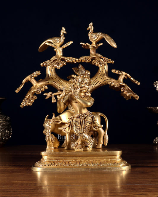 Pure Brass Superfine Lord Krishna with Cow, Peacock & Kadamba Tree – 11.5 Inch - Sama Homes Idol - Brass Sculpture