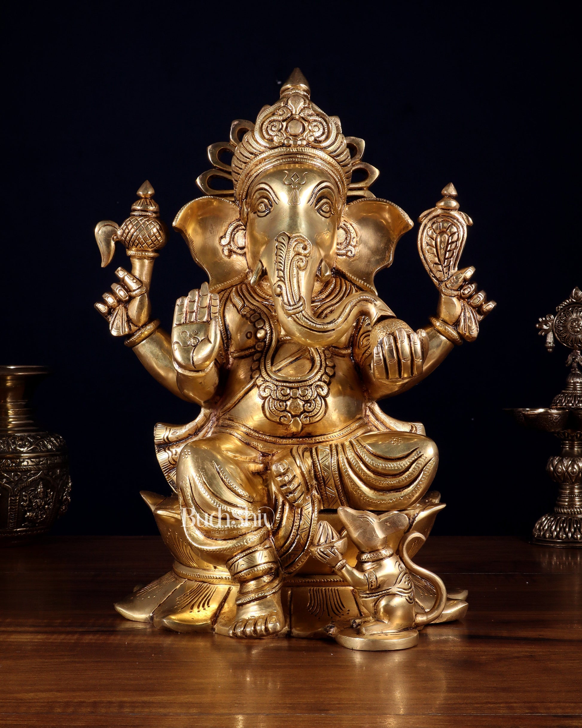 Pure Brass Superfine Lord Ganesha Statue – 14 Inch | Intricately Carved & Majestic Form - Sama Homes Idol - Brass Sculpture - Eco-friendly - Sama Homes