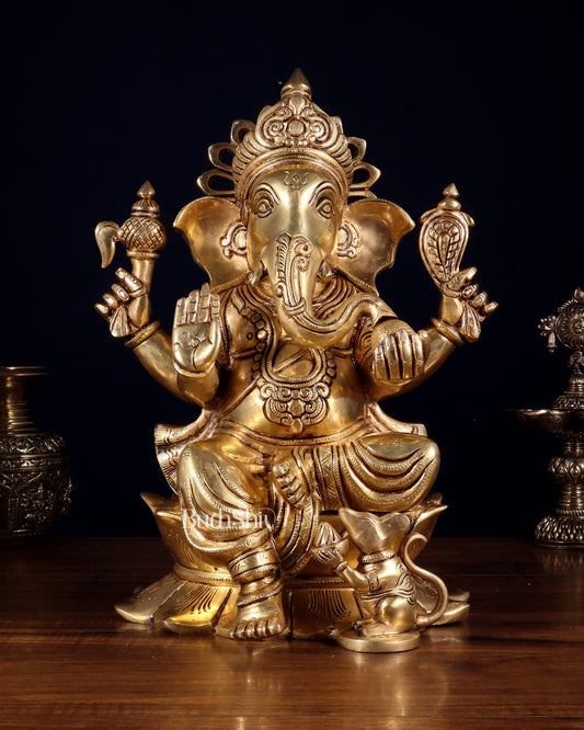 Pure Brass Superfine Lord Ganesha Statue – 14 Inch | Intricately Carved & Majestic Form - Sama Homes Idol - Brass Sculpture