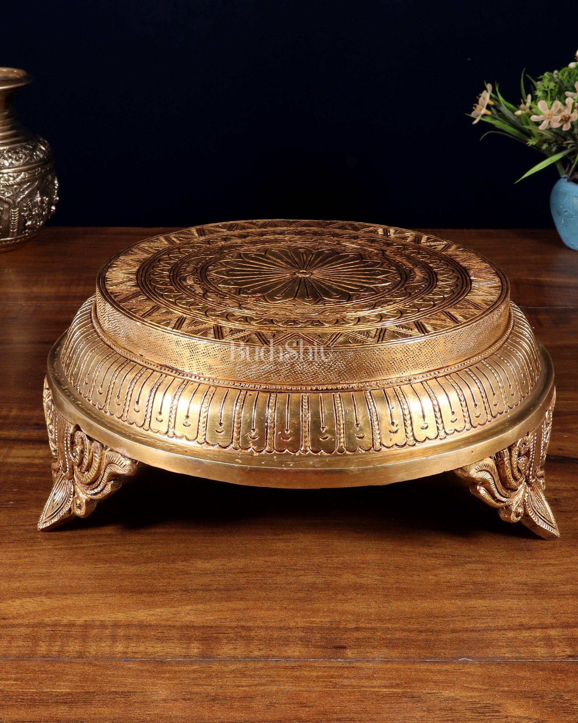 Brass Superfine Round Chowki with Mandala Design – 10.5 Inch - Eco-friendly - Sama Homes