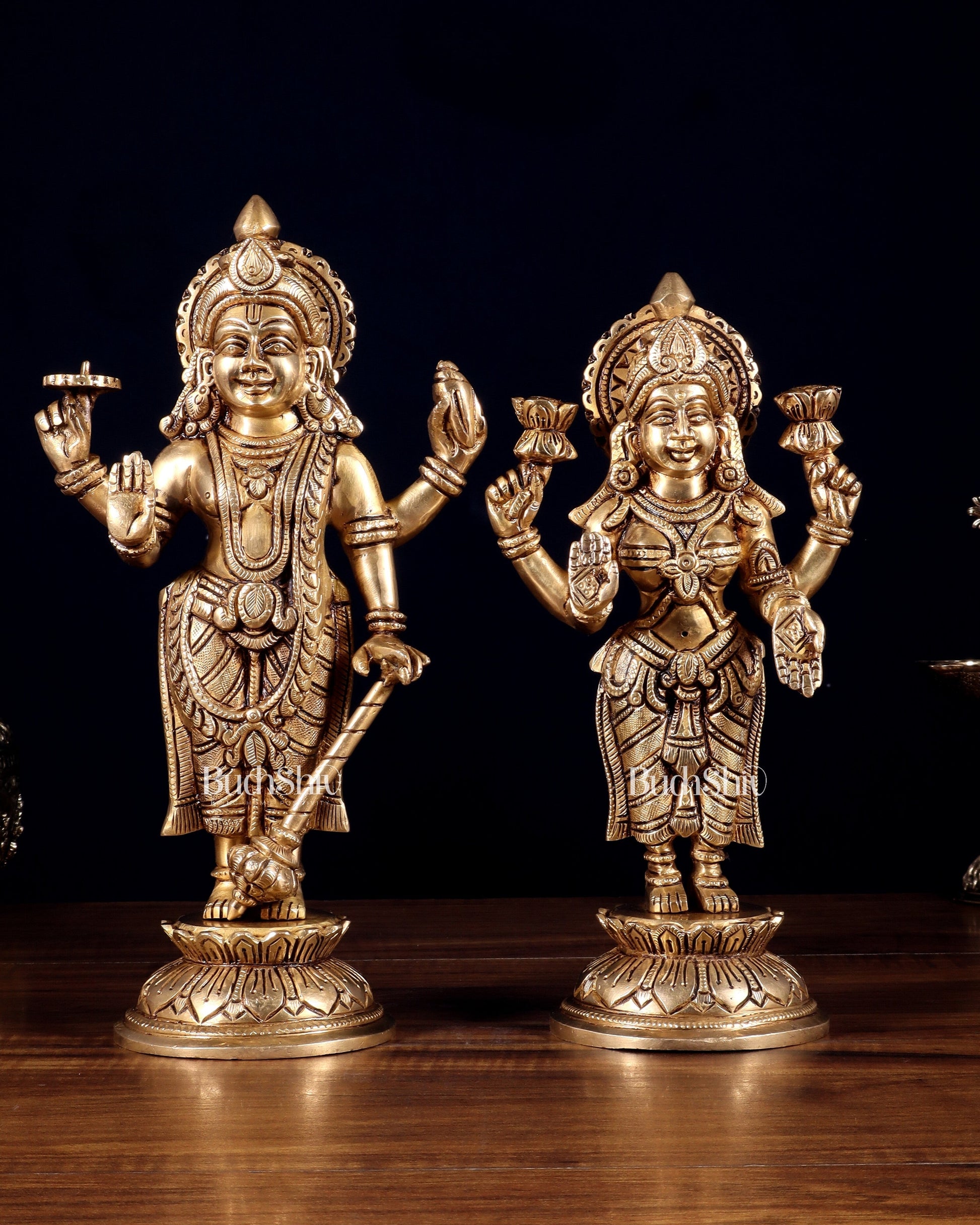 Pure Brass Vishnu Lakshmi Idols Pair – Lakshmi Narayan Murti Set |11" - Sama Homes Idol - Brass Sculpture - Eco-friendly - Sama Homes