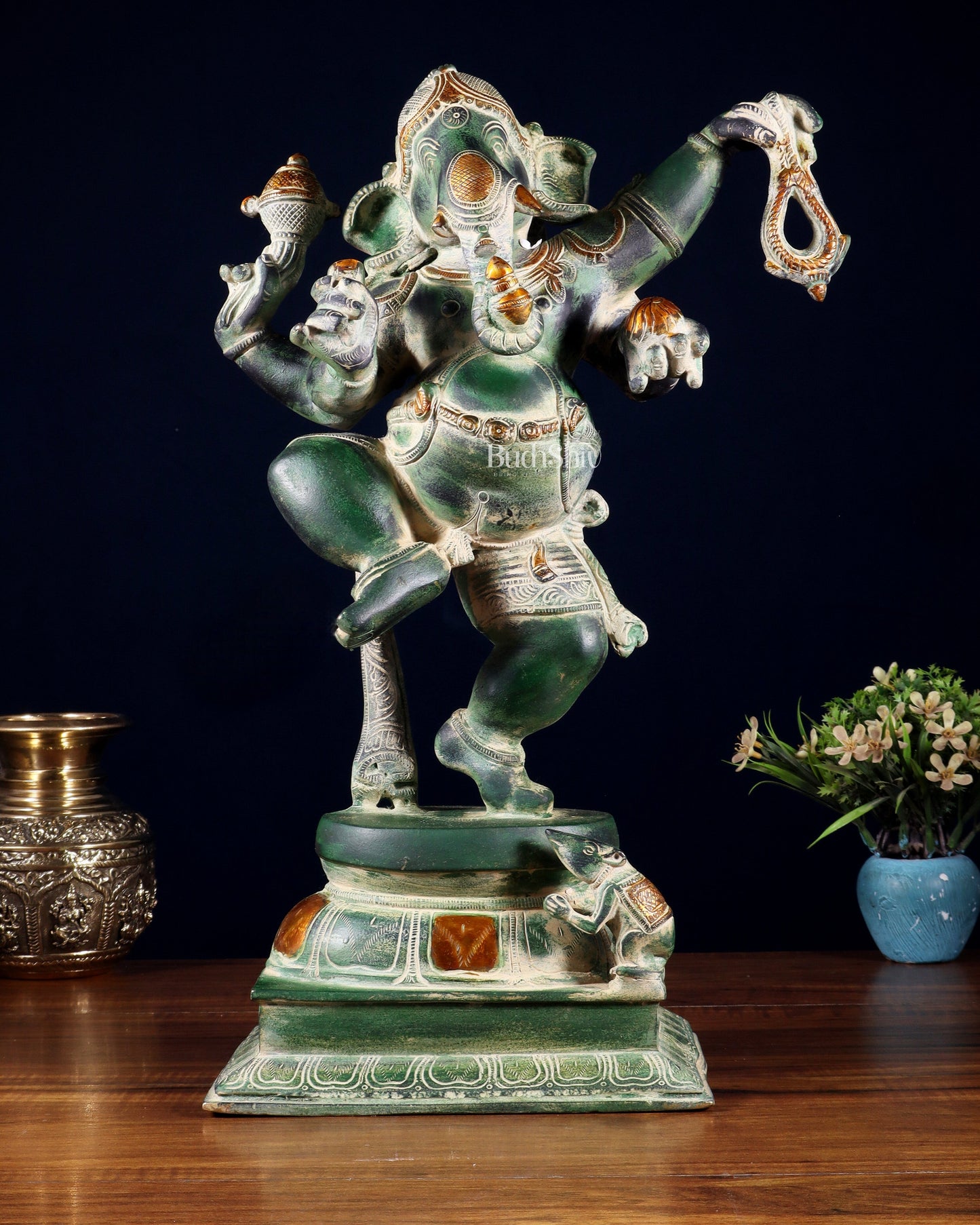Brass Dancing Ganesha Statue - 17 inch vintage green patina | 100% Certified Copper & Brass - Sama Homes Idol - Brass Sculpture