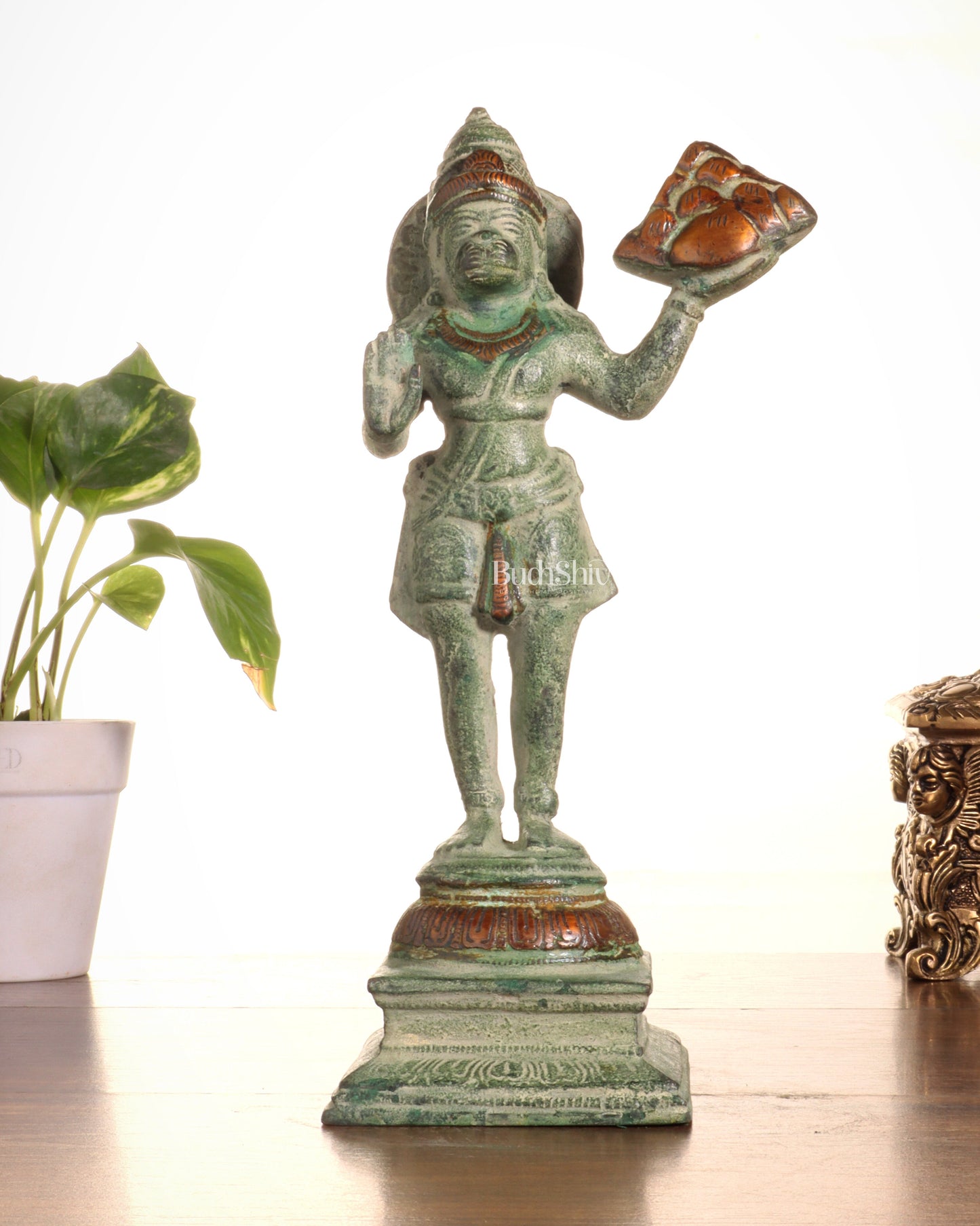 Pure Brass Vintage Sanjeevani Hanuman Statue – Green Sand Finish | 10-Inch - Sama Homes Idol - Brass Sculpture