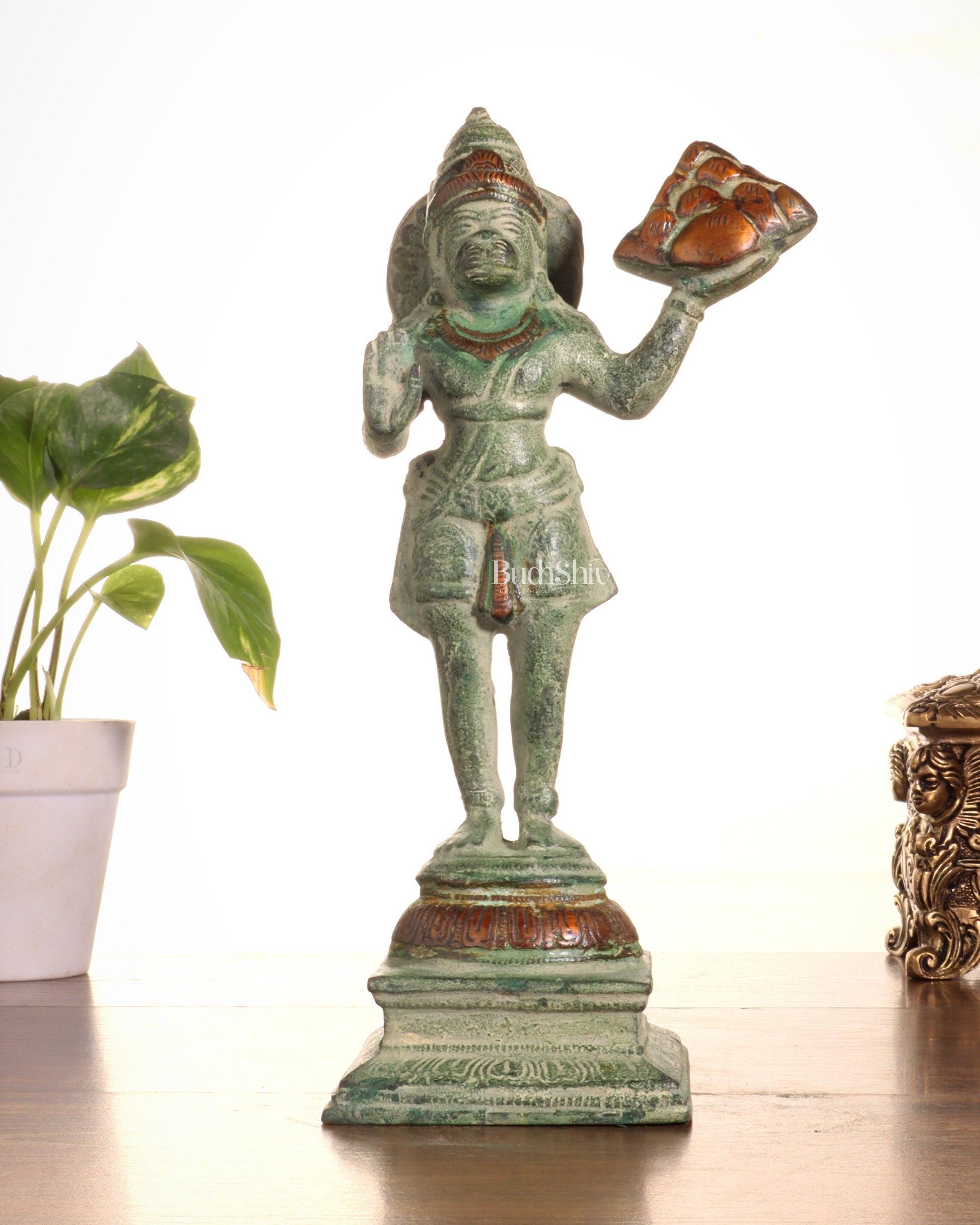 Pure Brass Vintage Sanjeevani Hanuman Statue – Green Sand Finish | 10-Inch - Sama Homes Idol - Brass Sculpture - Eco-friendly - Sama Homes