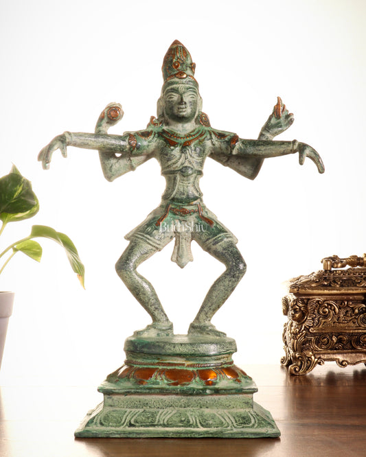 Vintage Brass Dancing Shiva Statue – Green Sand Finish | 11.5-Inch - Sama Homes Idol - Brass Sculpture