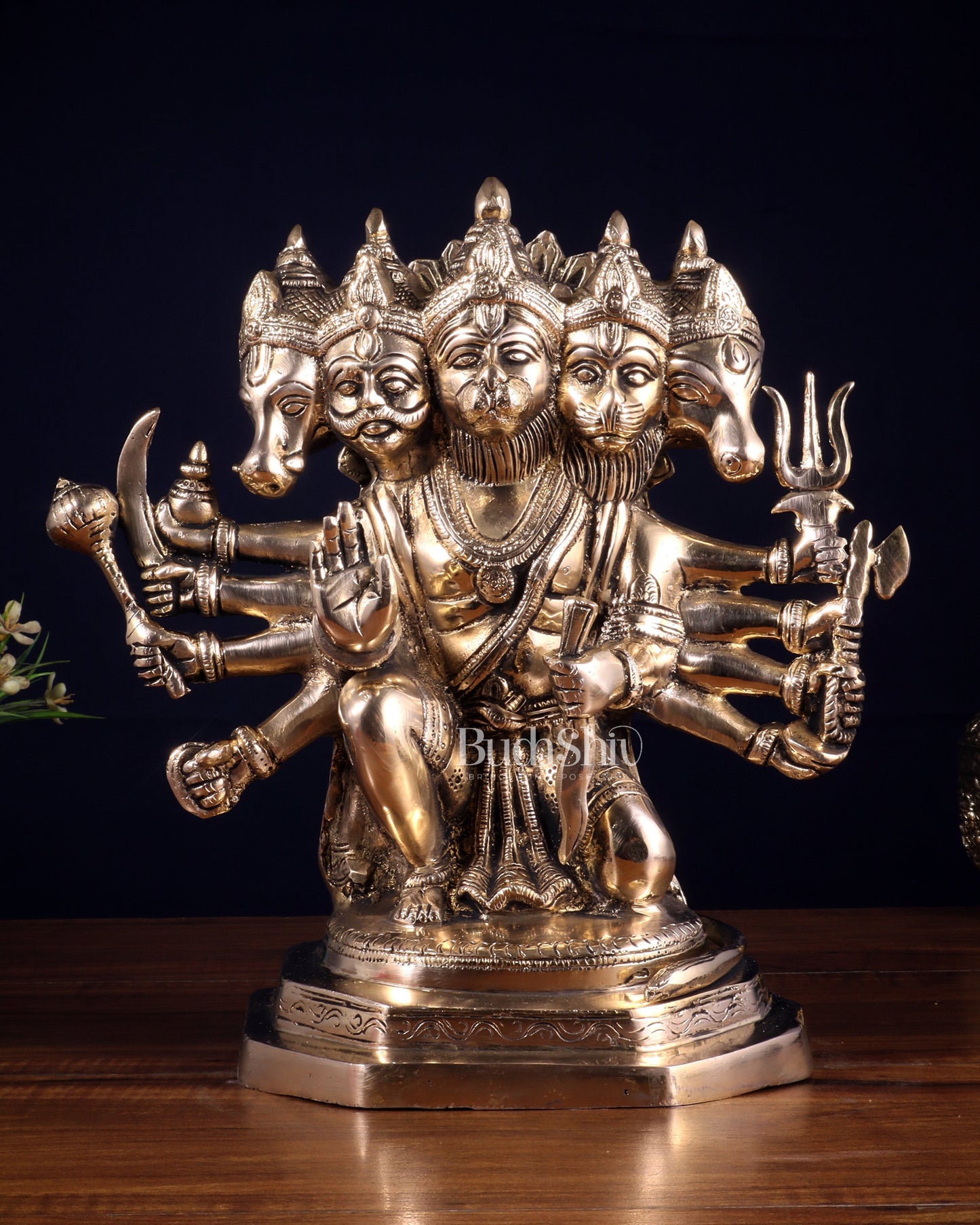 Brass Panchmukhi Hanuman Sculpture - 11" Glossy finish | 100% Certified Copper & Brass - Sama Homes Idol - Brass Sculpture