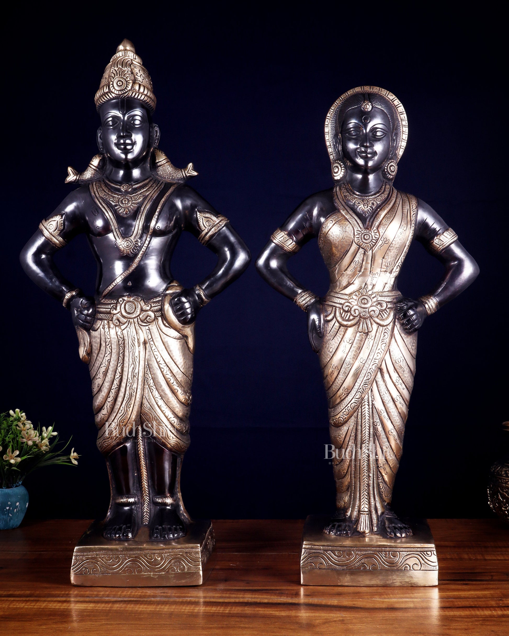 Brass Superfine Vitthal Rukmani Idol Pair 25" Grand Temple-Style Sculptures black and gold - Sama Homes Idol - Brass Sculpture - Eco-friendly - Sama Homes