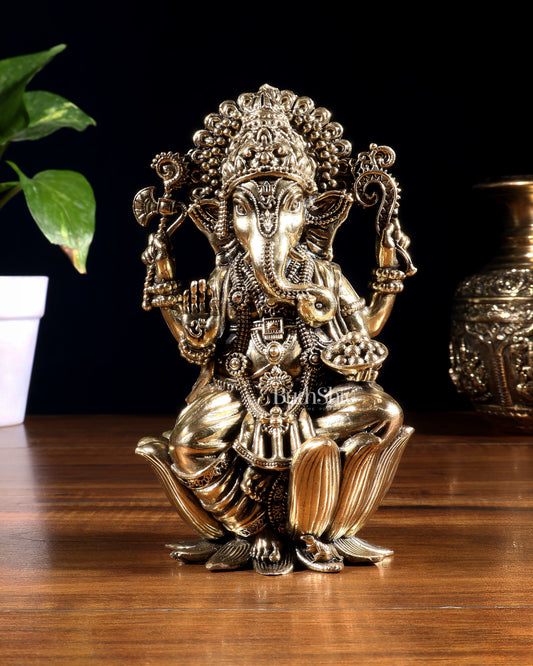 Pure Brass Superfine Lord Ganesha Idol | 6 inch - Sama Homes Idol - Brass Sculpture