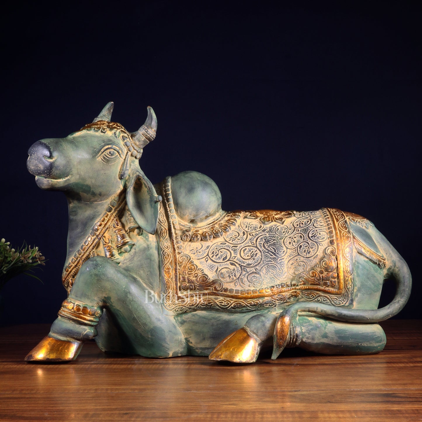 Exquisite Handcrafted Brass Nandi Idol – Vintage Green Patina 21" - Sama Homes Idol - Brass Sculpture