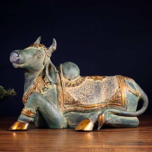 Exquisite Handcrafted Brass Nandi Idol – Vintage Green Patina 21" - Sama Homes Idol - Brass Sculpture