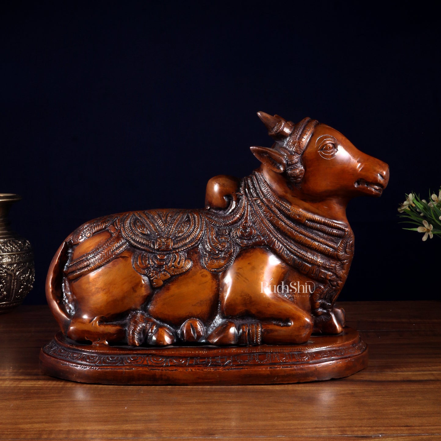 Pure Brass Vintage Nandi Statue – Chola brown Finish 12.6 inch - Sama Homes Idol - Brass Sculpture