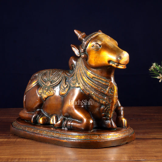 Pure Brass Vintage Nandi Statue – double Chola Finish 12.6 inch - Sama Homes Idol - Brass Sculpture