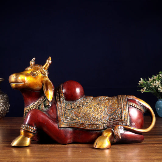 Brass Nandi Statue Hoysala red tone - 15 inch | 100% Certified Copper & Brass - Sama Homes Idol - Brass Sculpture