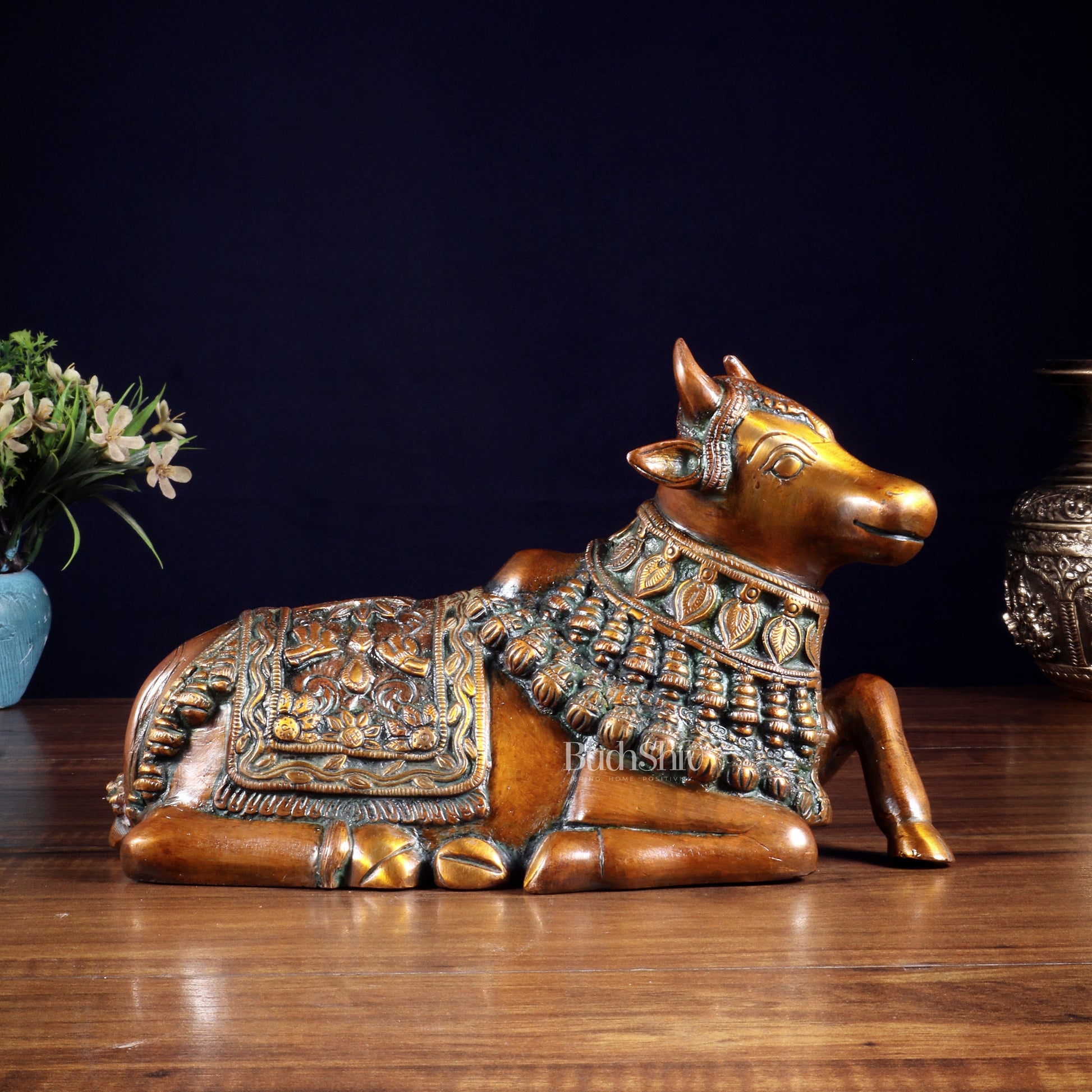 Pure Brass Engraved Nandi Statue – 10" Double chola - Sama Homes Idol - Brass Sculpture - Eco-friendly - Sama Homes