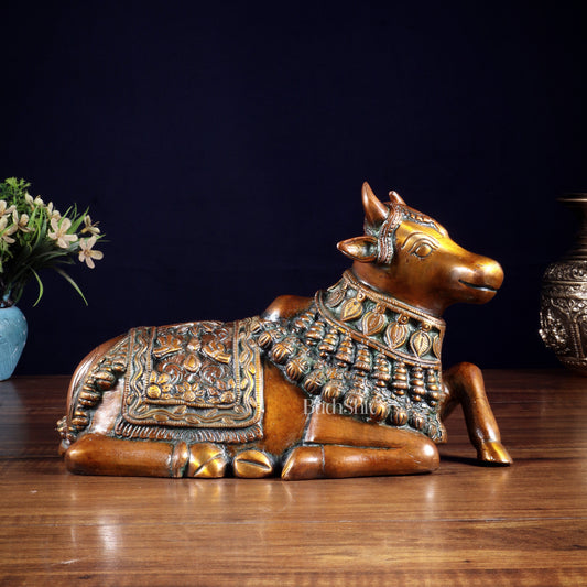 Pure Brass Engraved Nandi Statue – 10" Double chola - Sama Homes Idol - Brass Sculpture