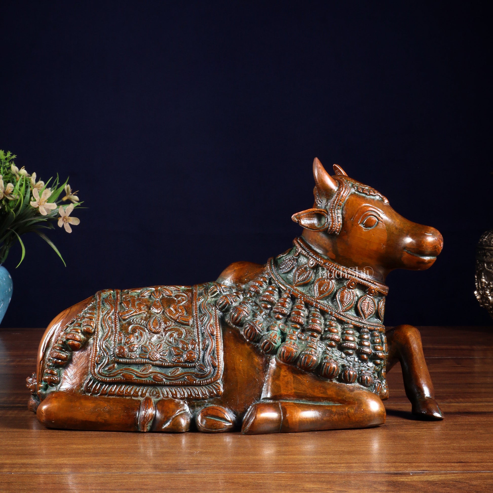 Pure Brass Engraved Nandi Statue – 10" Rustic brown - Sama Homes Idol - Brass Sculpture - Eco-friendly - Sama Homes