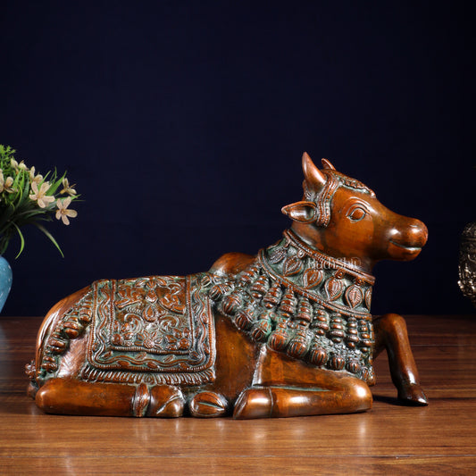 Pure Brass Engraved Nandi Statue – 10" Rustic brown - Sama Homes Idol - Brass Sculpture