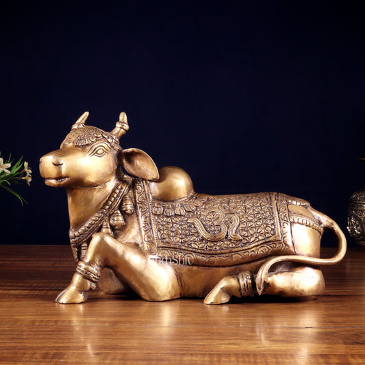Handcrafted Brass Nandi Statue - 13.5 inch burnt brass tone - Sama Homes Idol - Brass Sculpture