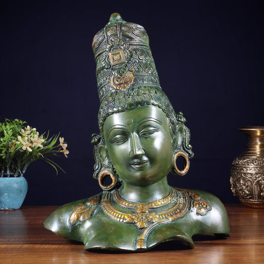 Brass Parvati face Bust table accent 12" vintage green | 100% Certified Copper & Brass - Sama Homes Idol - Brass Sculpture