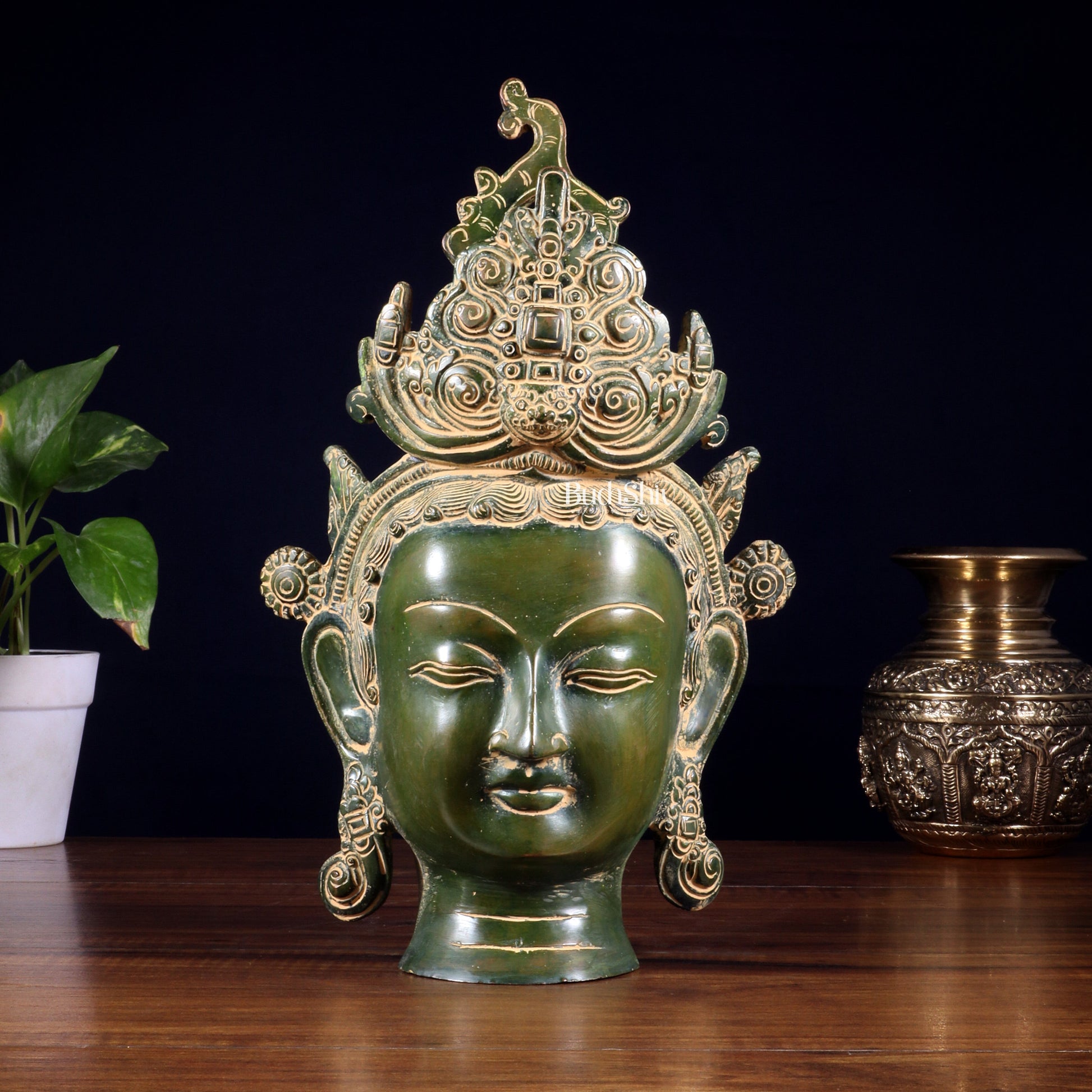 Pure Brass Tara Face Bust Statue – Vintage Green 12" - Sama Homes Idol - Brass Sculpture - Eco-friendly - Sama Homes