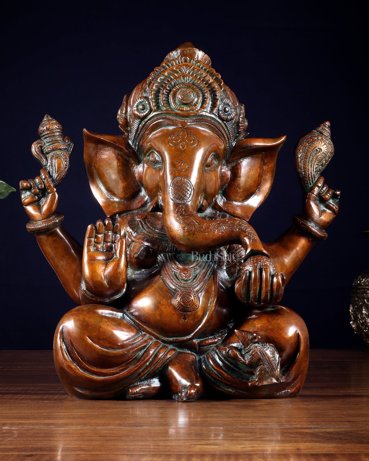 Vintage Brass Crown Ganesha Statue – Sharp Features in Copper Tone Finish 13 inch - Sama Homes Idol - Brass Sculpture