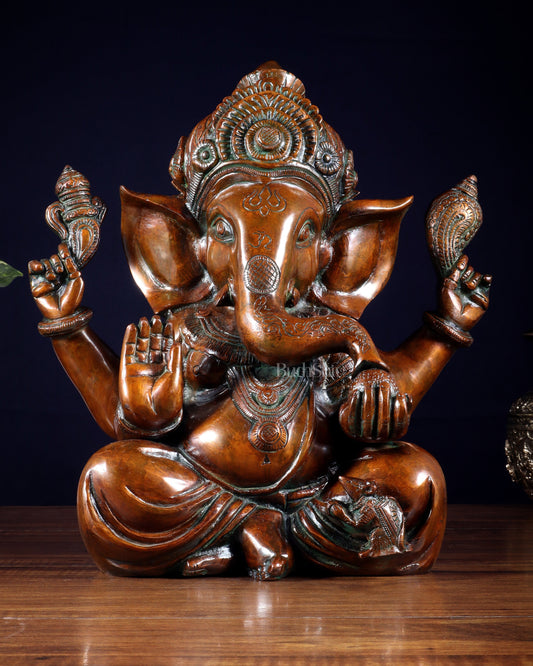 Vintage Brass Crown Ganesha Statue – Sharp Features in Copper Tone Finish 13 inch - Sama Homes Idol - Brass Sculpture